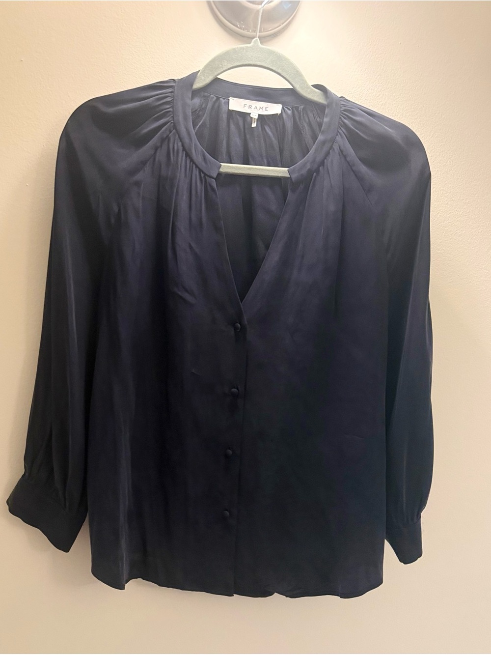 Frame Denim Navy Silk V-Neck Button Blouse